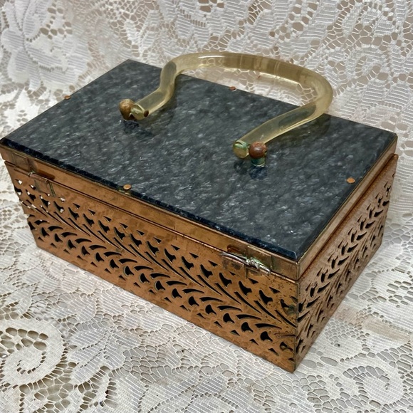 Vintage, Pierced Copper Tone Metal and Gray Lucite Boxy Purse- 8in x4.5 x 3.5in - Picture 8 of 12